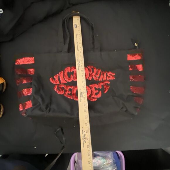 Victoria Secret red sequin lips black tote bag Travel Overnight Sexy Red - Picture 8 of 10